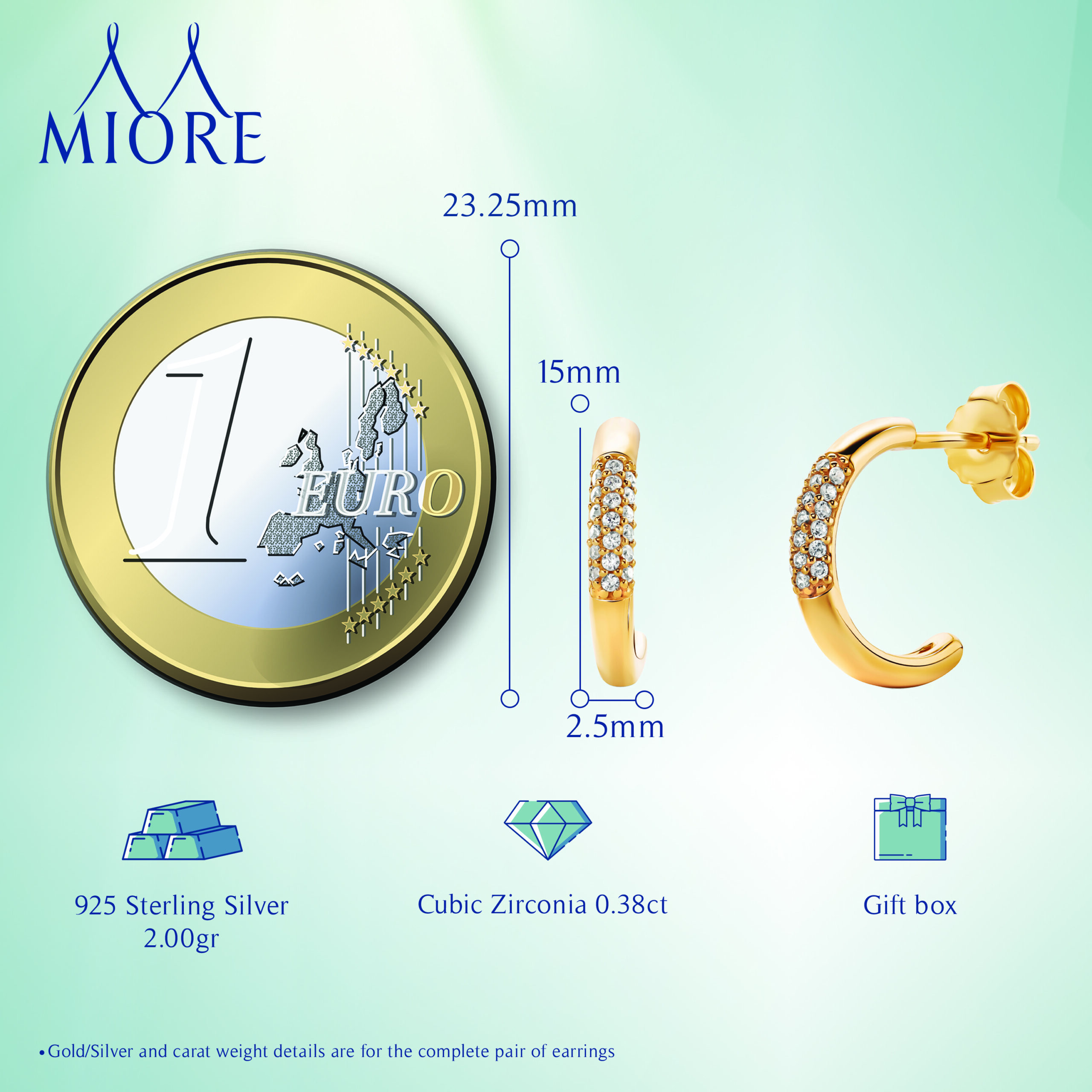 Miore Orecchini Argento 925 Placcato Oro Zirconia