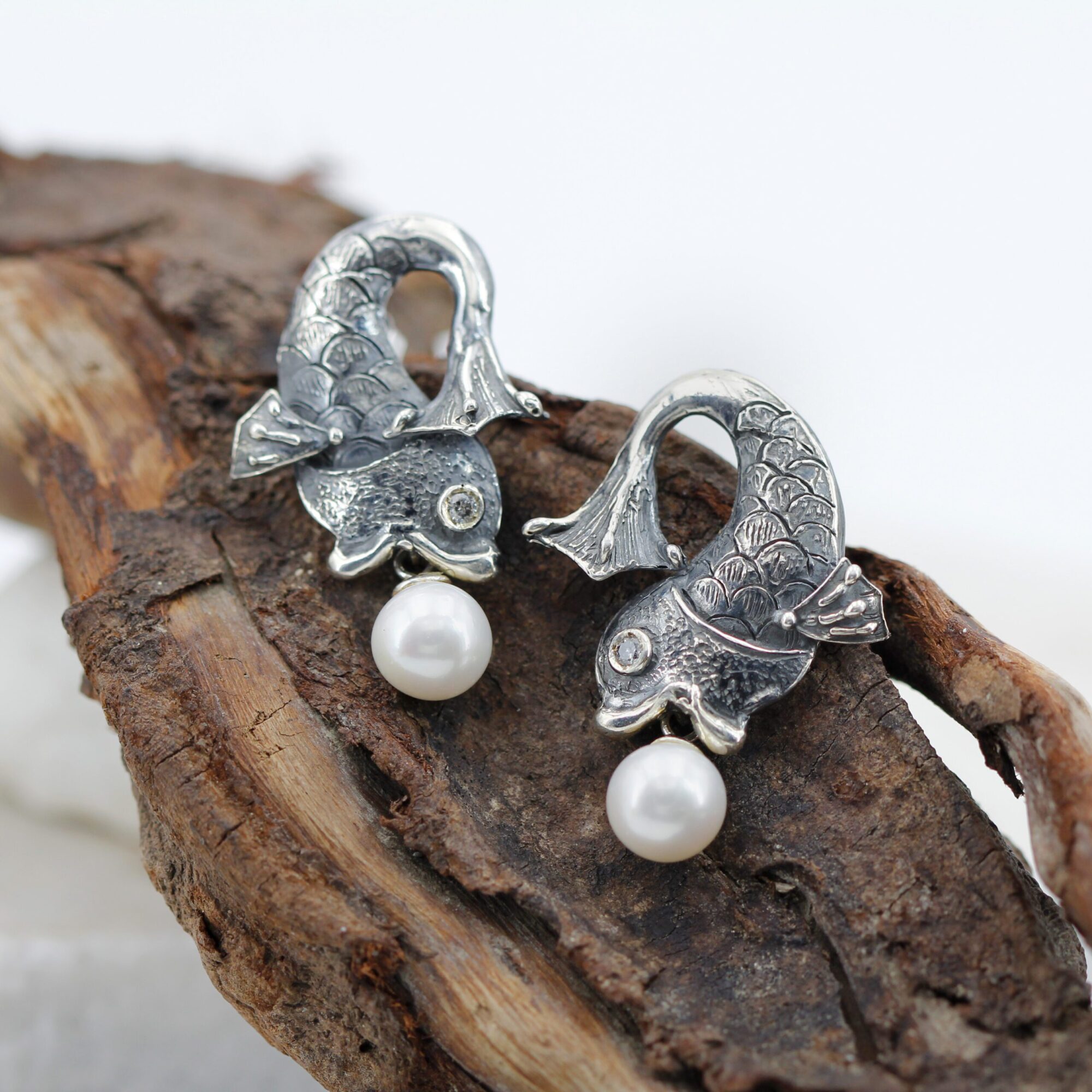 Anna Gioielli Orecchini Pesce Argento Perle Diamanti Grigi 35 mm