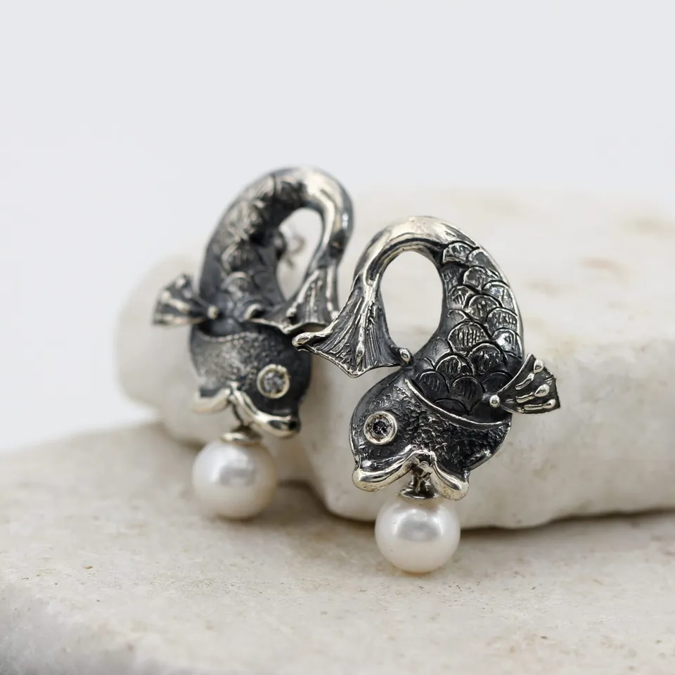 Anna Gioielli Orecchini Pesce Argento Perle Diamanti Grigi 35 mm