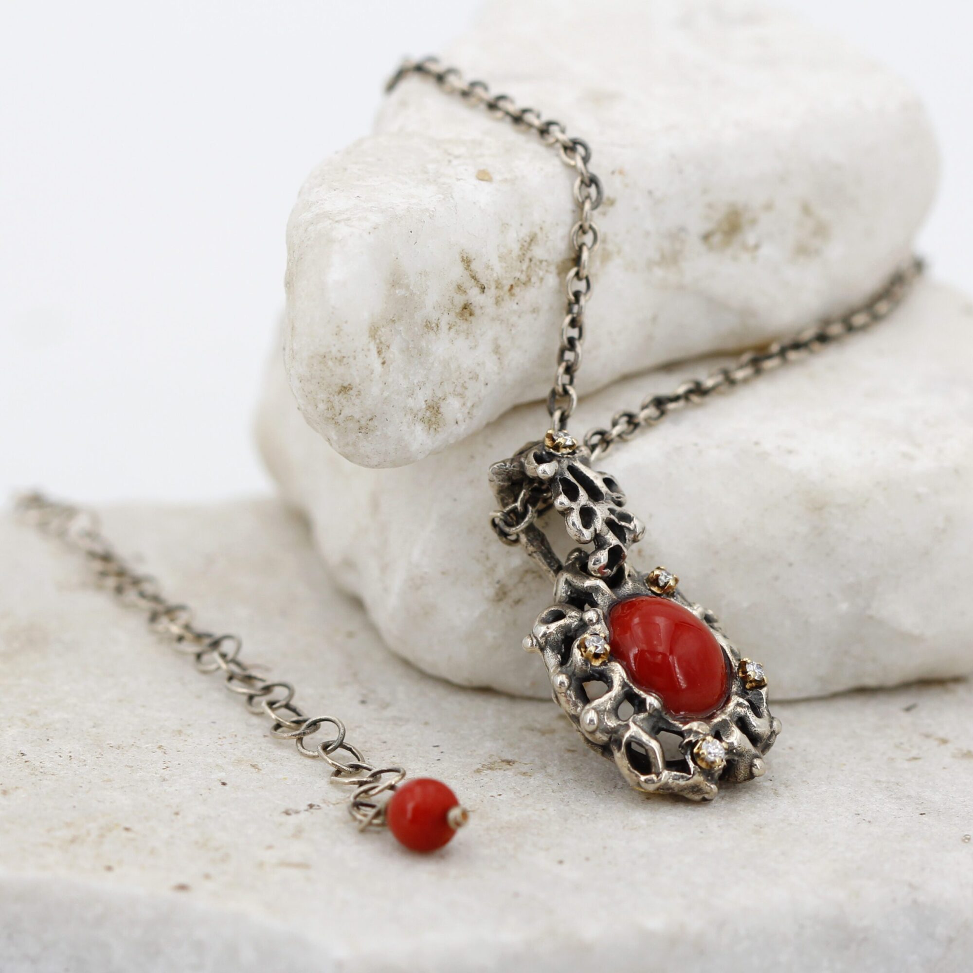 Anna Gioielli Marte Pendente Argento Corallo 5 Diamanti Oro