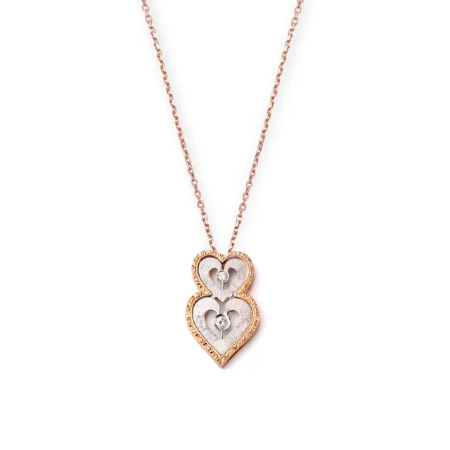 Noi Gioielli Ornato pendente oro rosa 18k doppi cuori diamanti