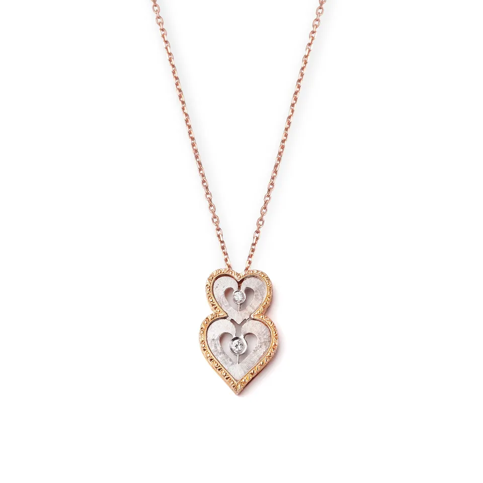 Noi Gioielli Ornato pendente oro rosa 18k doppi cuori diamanti