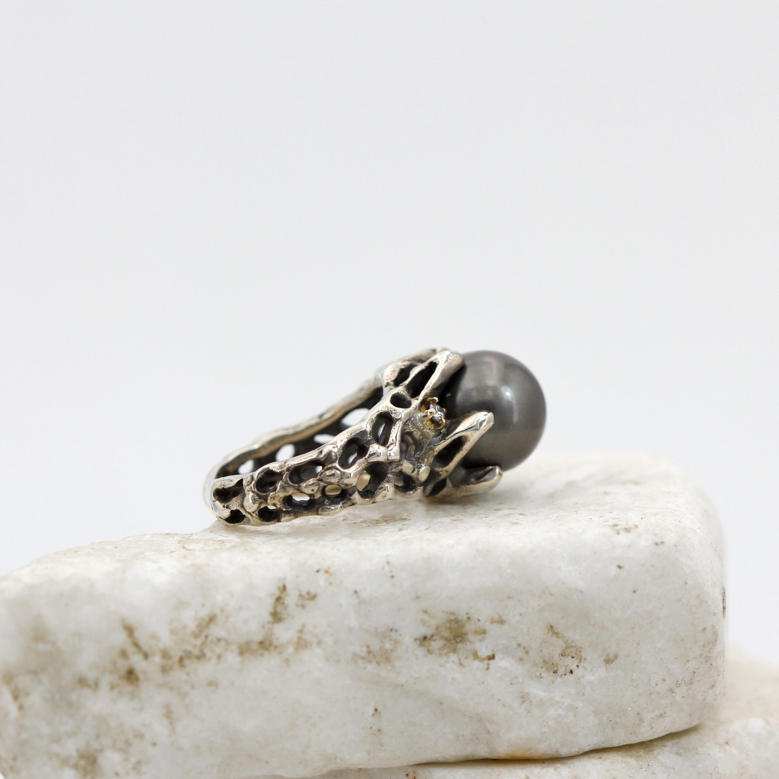 Jolly Jewels anello argento oro perla Tahiti 11 mm diamanti