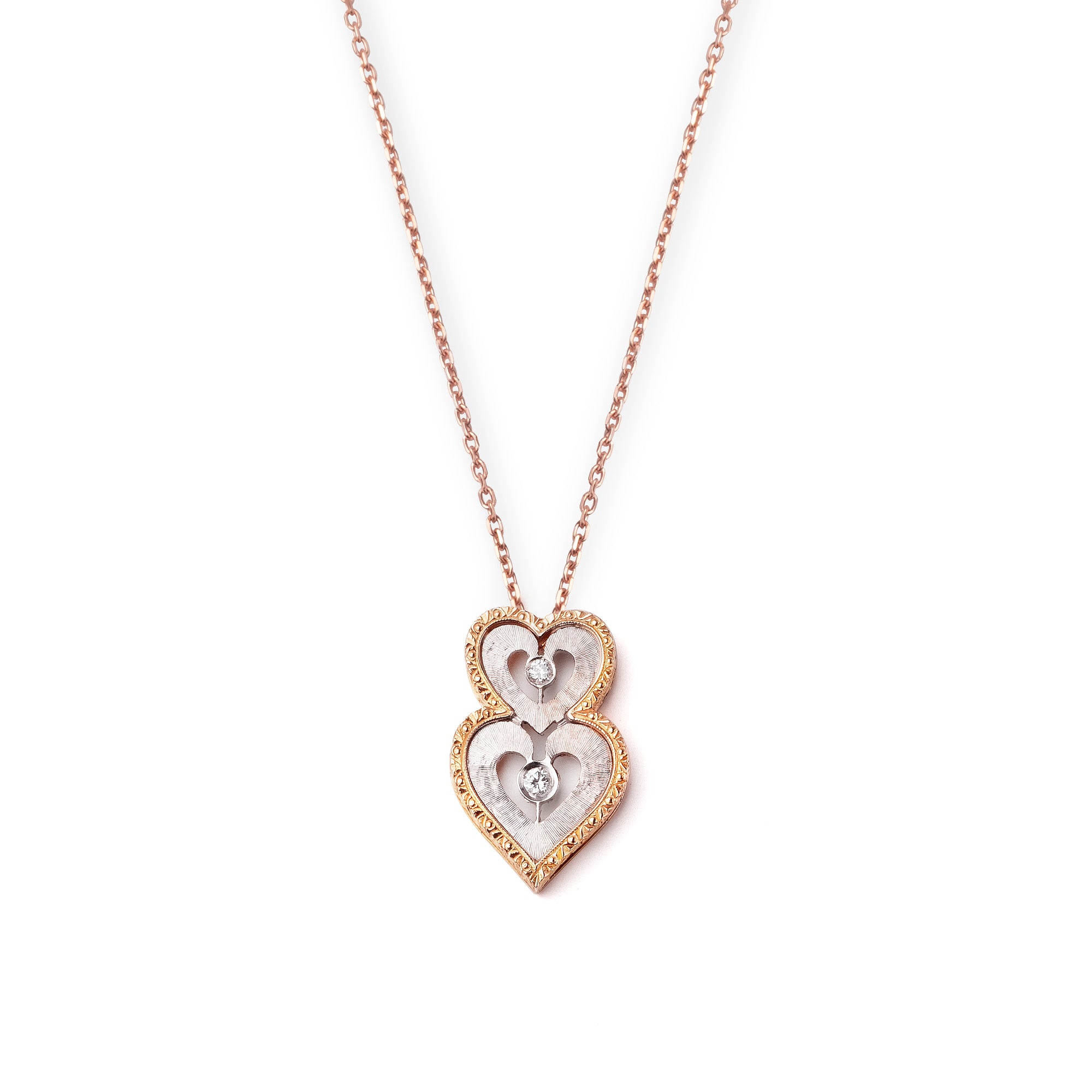 Noi Gioielli Ornato pendente oro rosa 18k doppi cuori diamanti