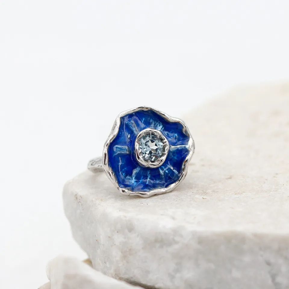 Anna Gioielli Winter Flower anello argento topazio blu smalto