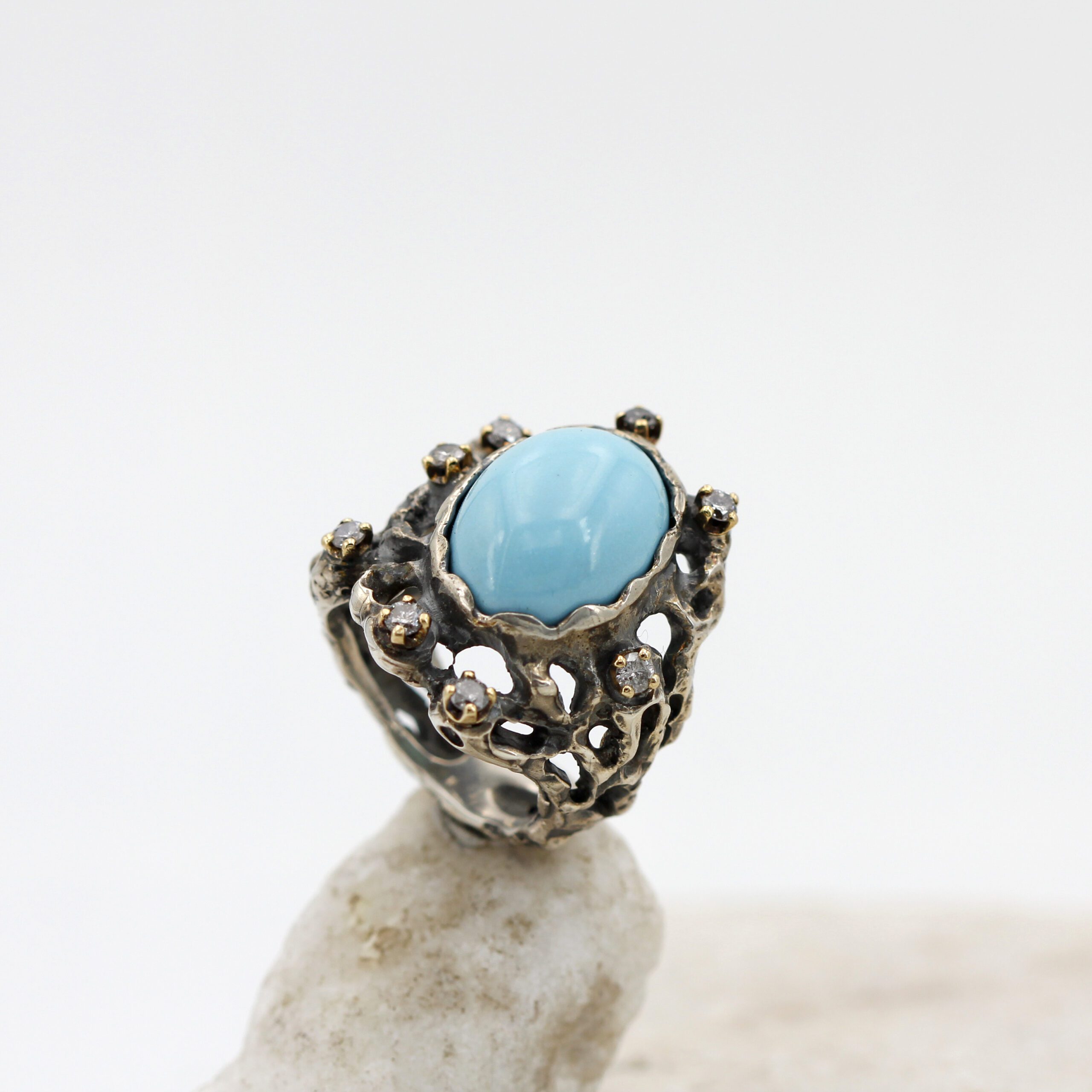Anna Gioielli Marte Anello Argento Turchese Diamanti Grigi 0.25 ct
