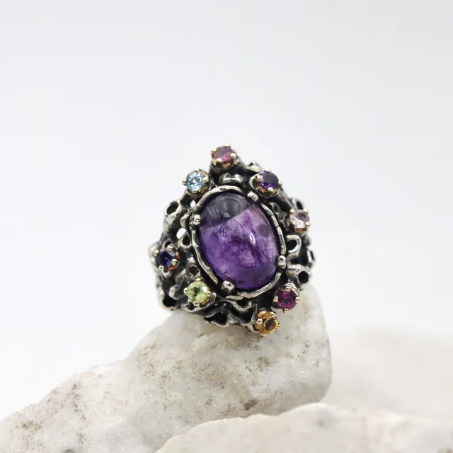 Anna Gioielli Marte Anello ametista cabochon argento oro pavé