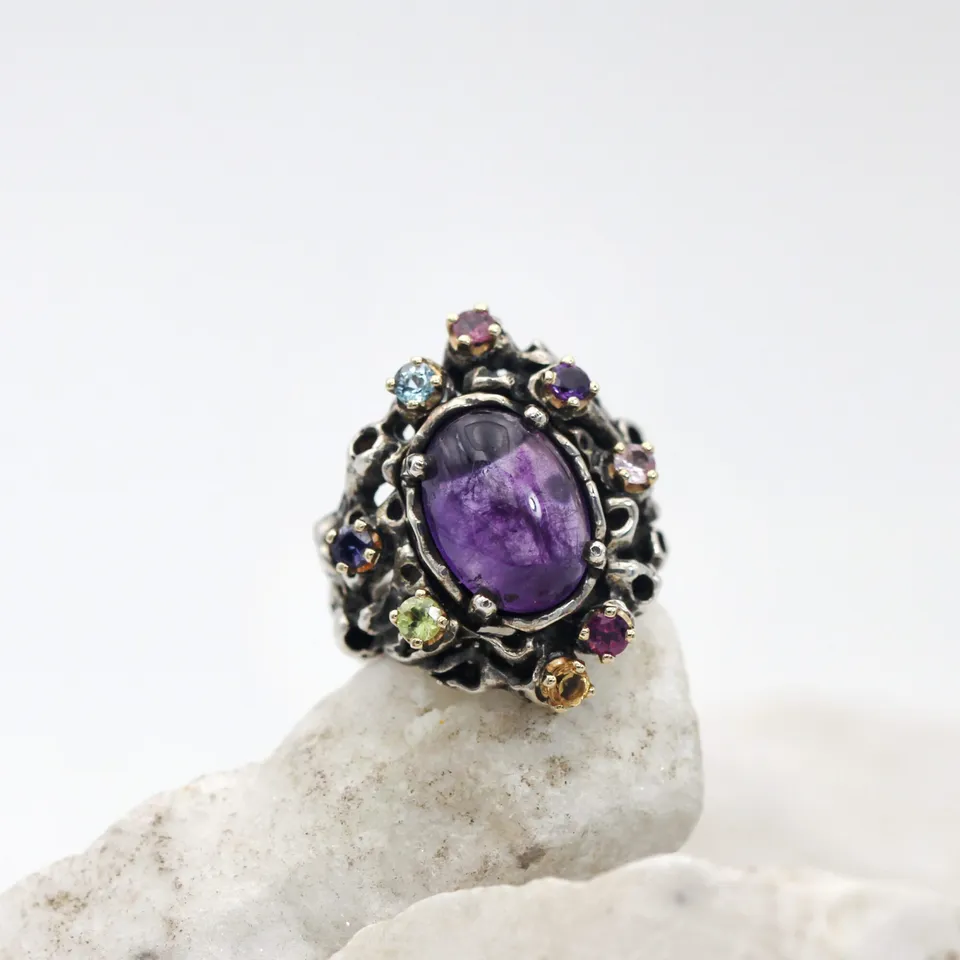 Anna Gioielli Marte Anello ametista cabochon argento oro pavé