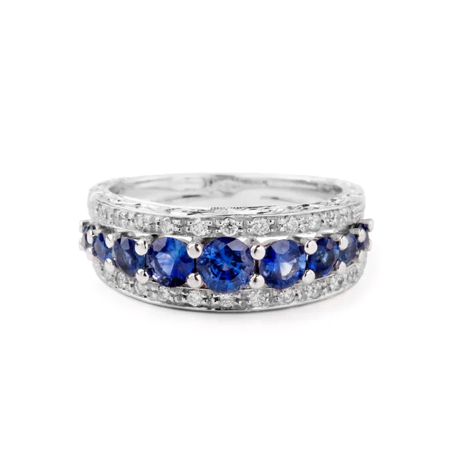 Noi Gioielli Ornato anello oro bianco zaffiro blu diamanti