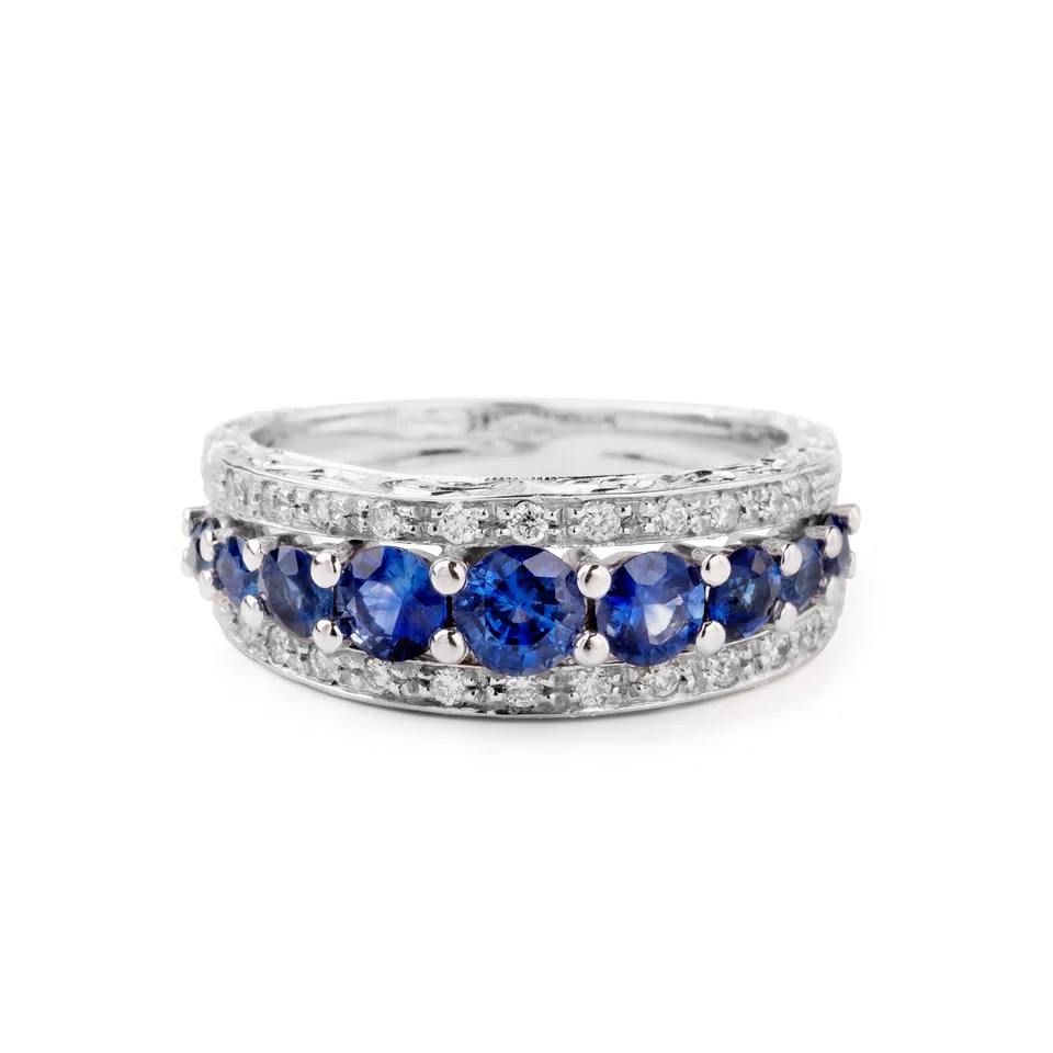 Noi Gioielli Ornato anello oro bianco zaffiro blu diamanti