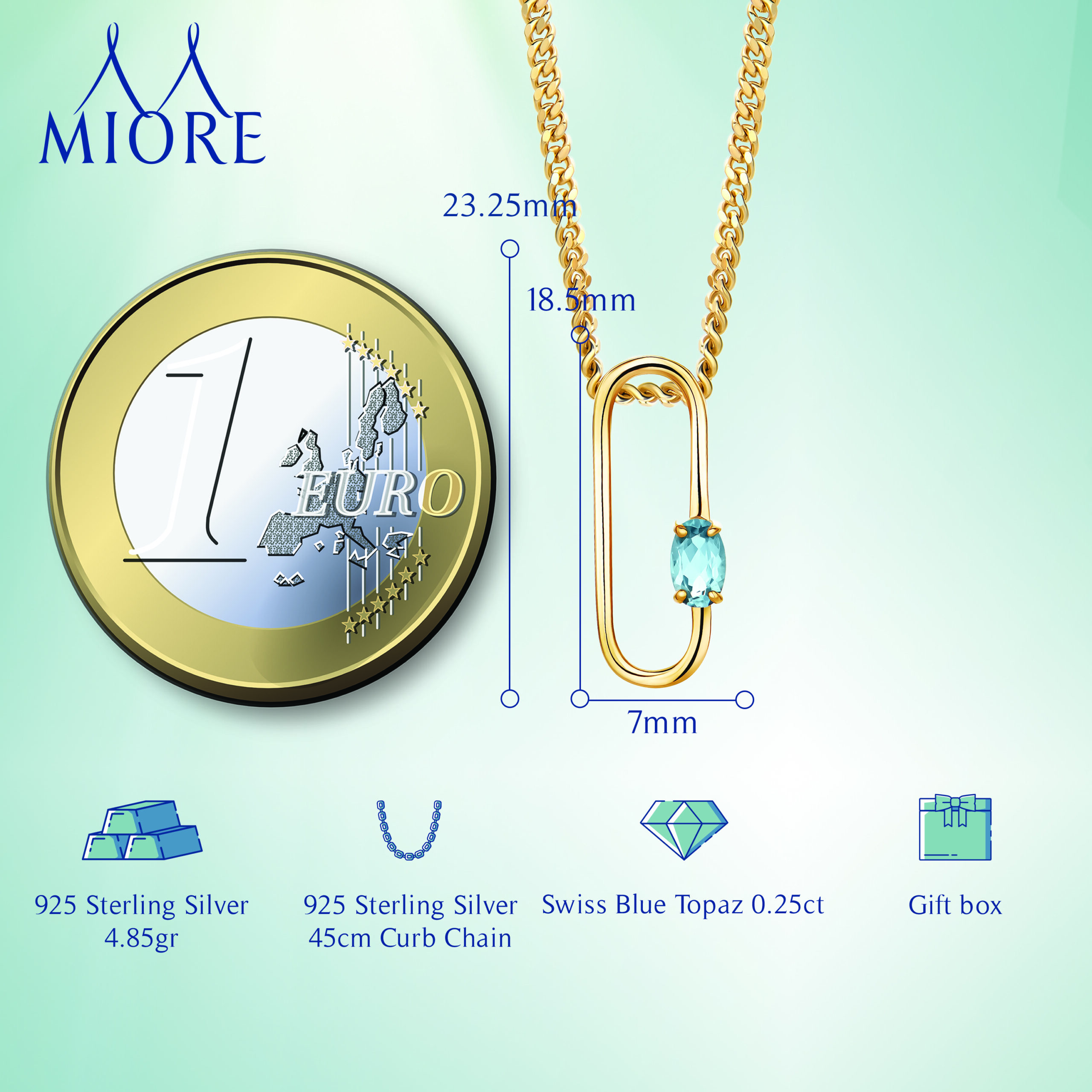 Miore Collana Argento 925 Placcato Oro Topazio Blu Svizzero