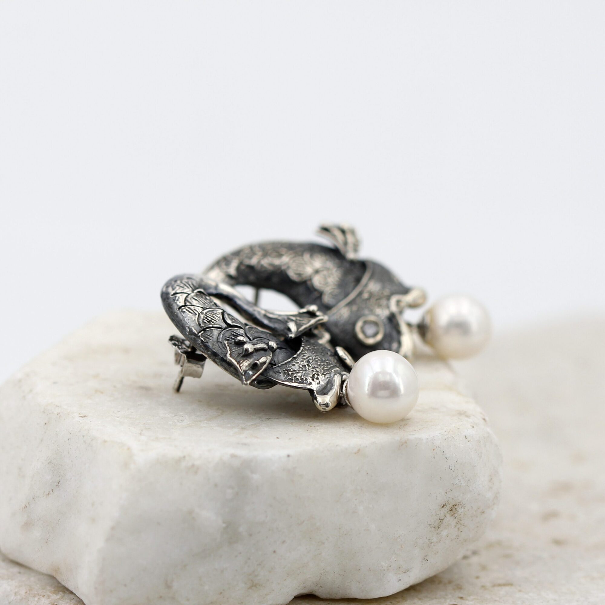 Anna Gioielli Orecchini Pesce Argento Perle Diamanti Grigi 35 mm