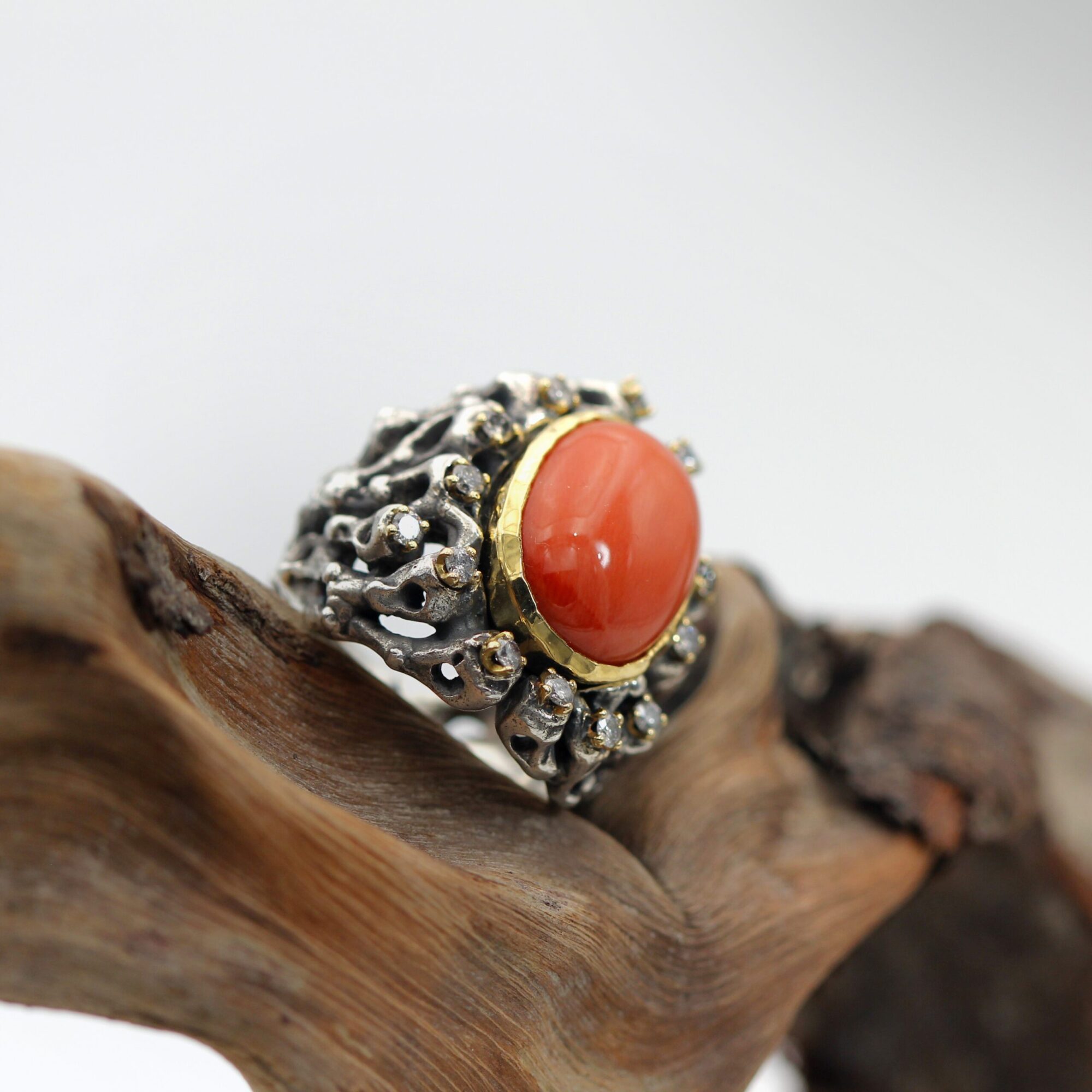 Anna Gioielli Marte Anello Argento Corallo Diamanti Grigi