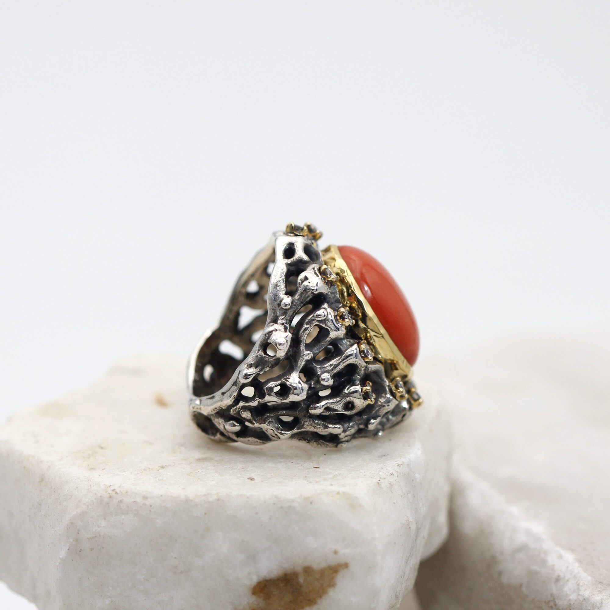 Anna Gioielli Marte Anello Argento Corallo Diamanti Grigi