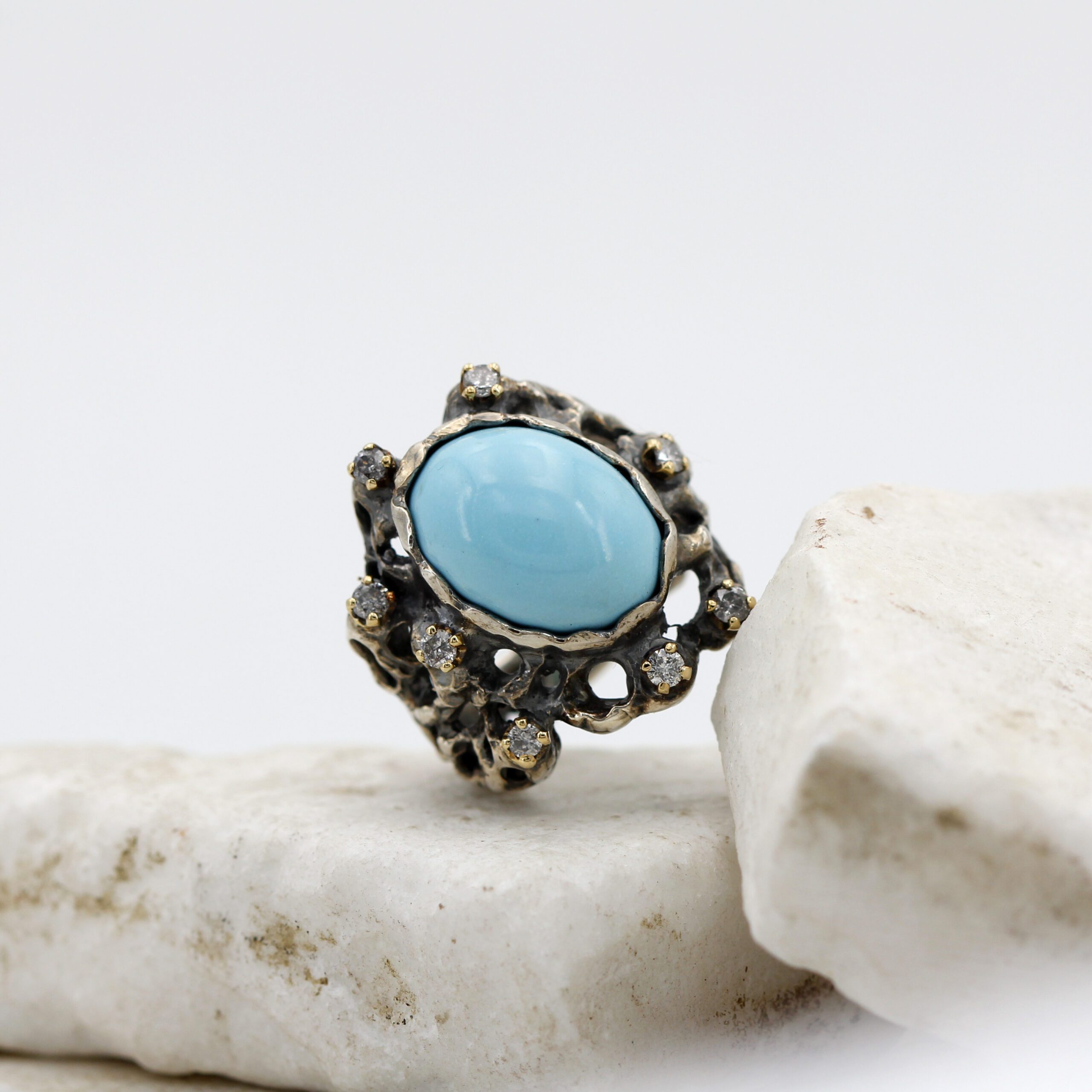 Anna Gioielli Marte Anello Argento Turchese Diamanti Grigi 0.25 ct