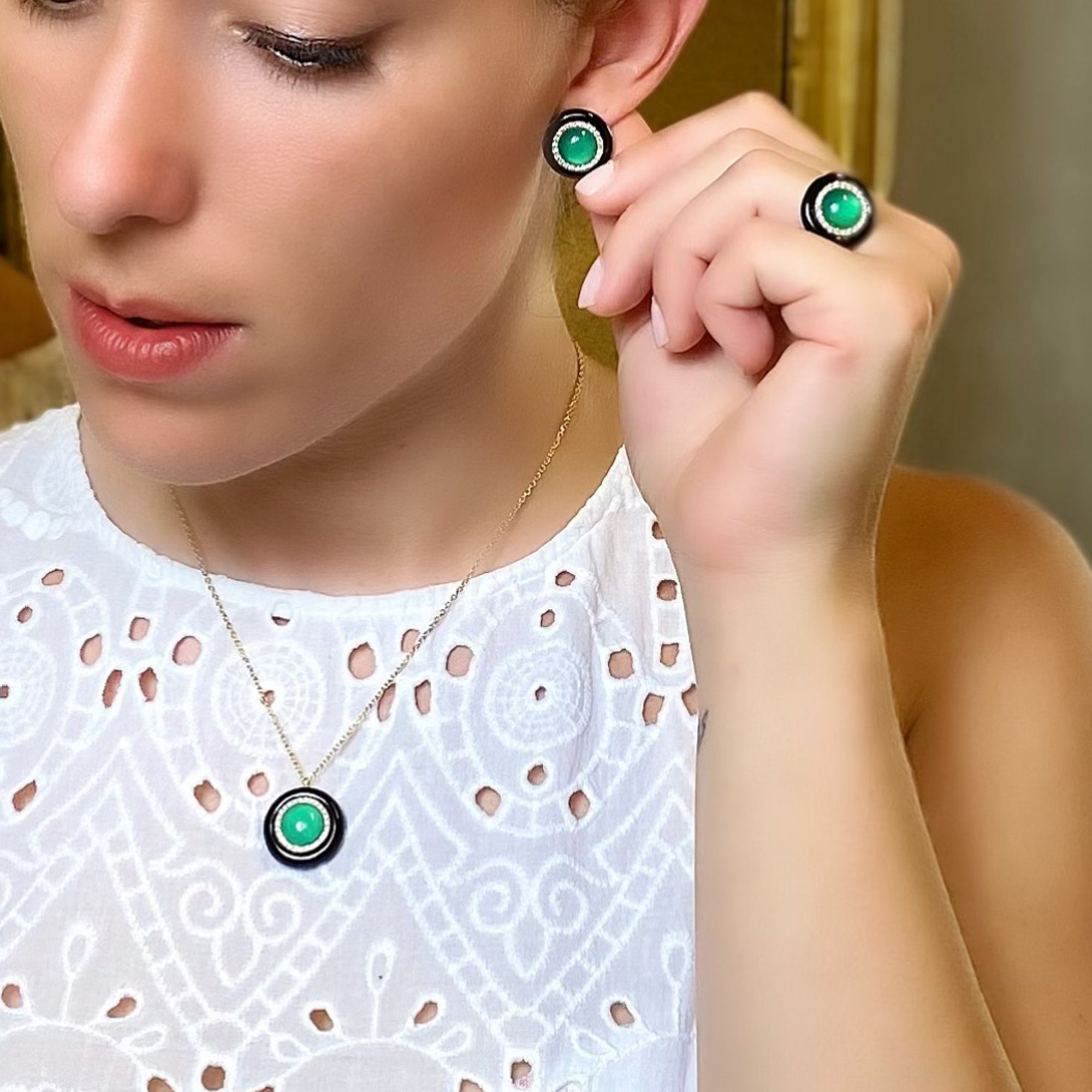 Noi Gioielli Mistica pendente oro giallo 18k agata verde diamanti