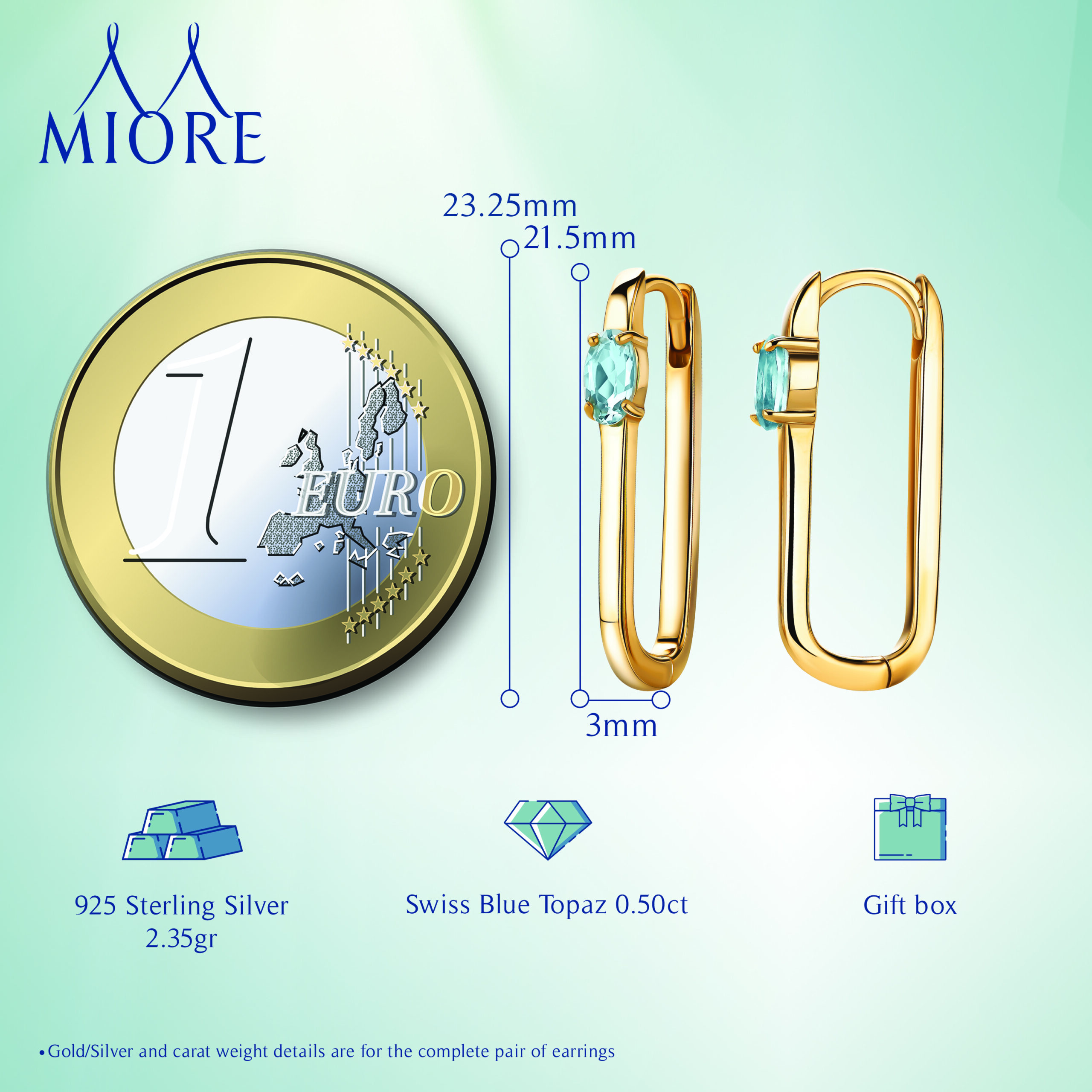 Miore Earrings Orecchini Argento Oro Topazio Blu Svizzero
