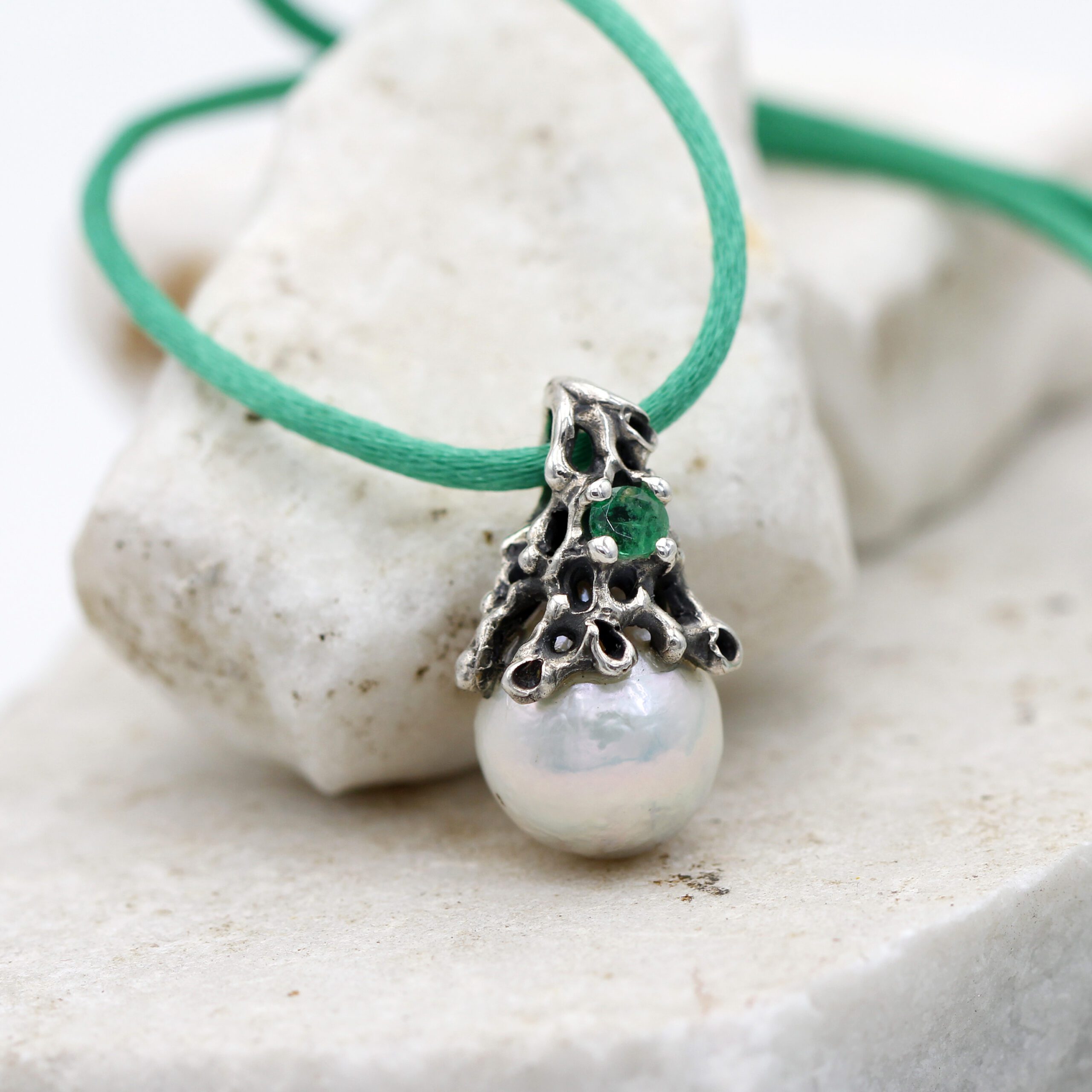 Anna Gioielli Collezione Marte pendente argento smeraldo perla 27 mm