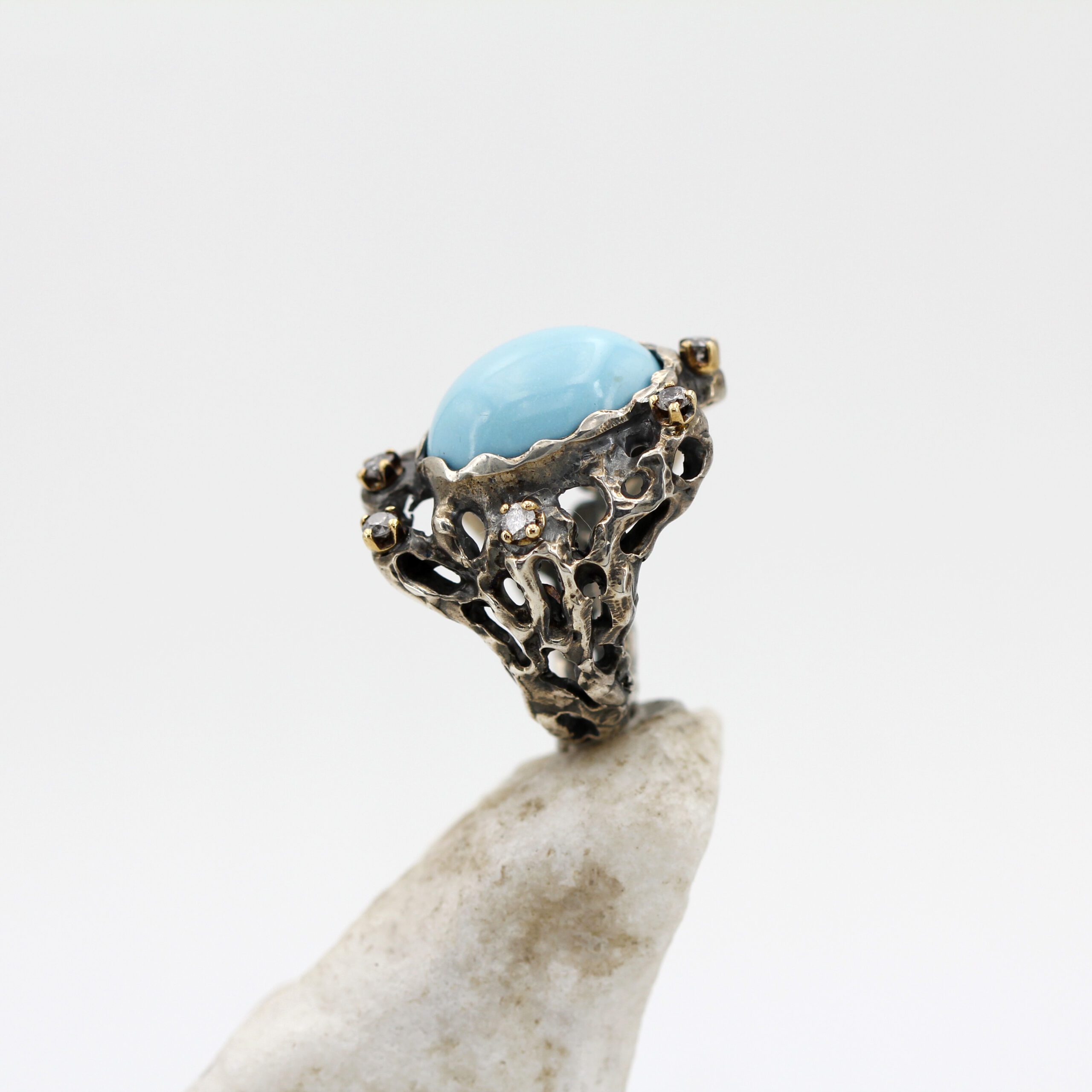 Anna Gioielli Marte Anello Argento Turchese Diamanti Grigi 0.25 ct