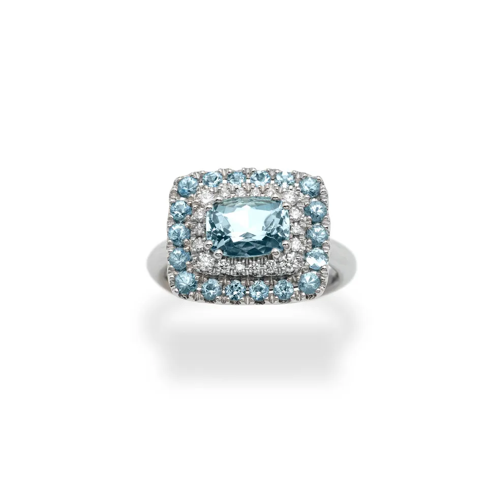 Polello Semipreziosi Anello Platino Acquamarina Cushion Diamanti