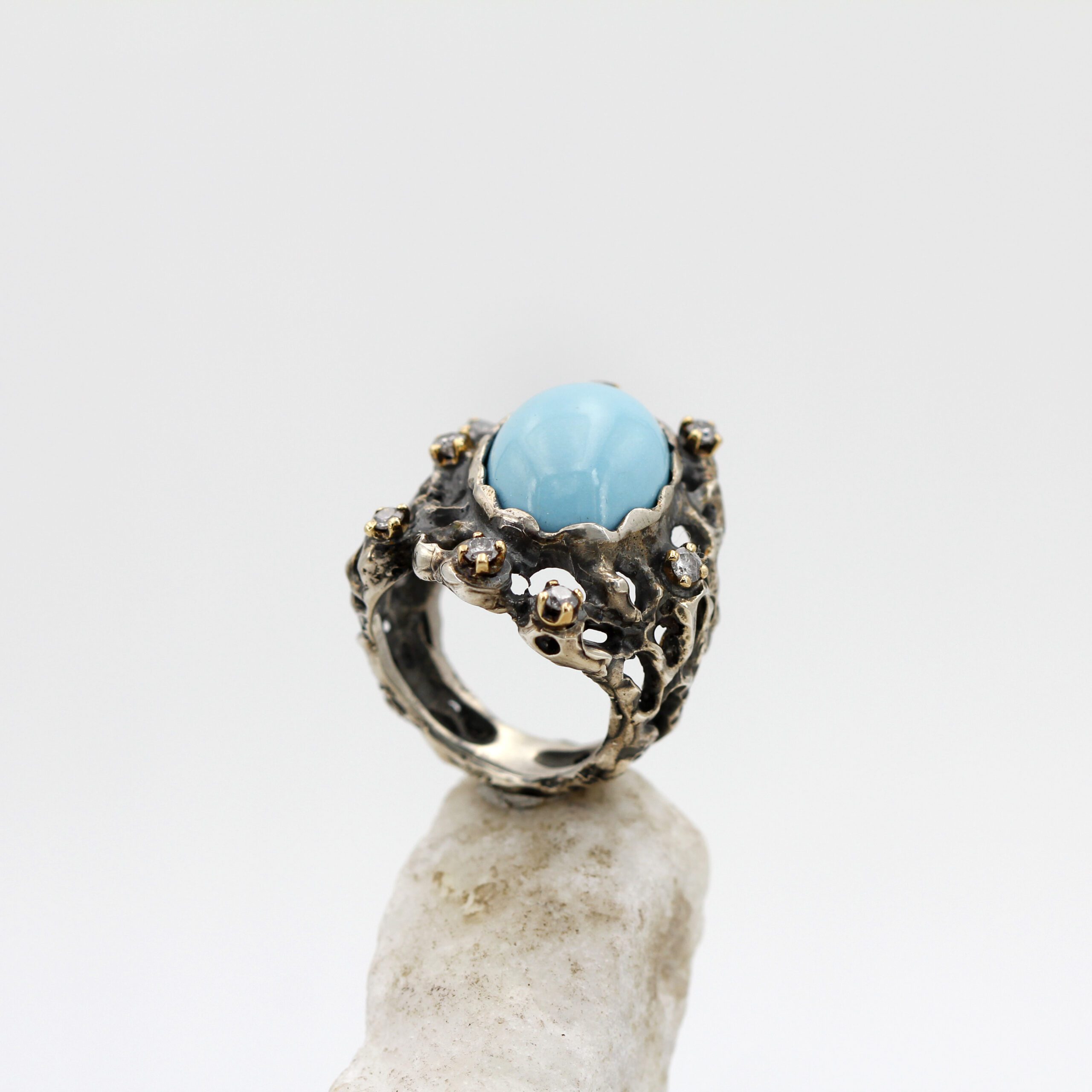 Anna Gioielli Marte Anello Argento Turchese Diamanti Grigi 0.25 ct