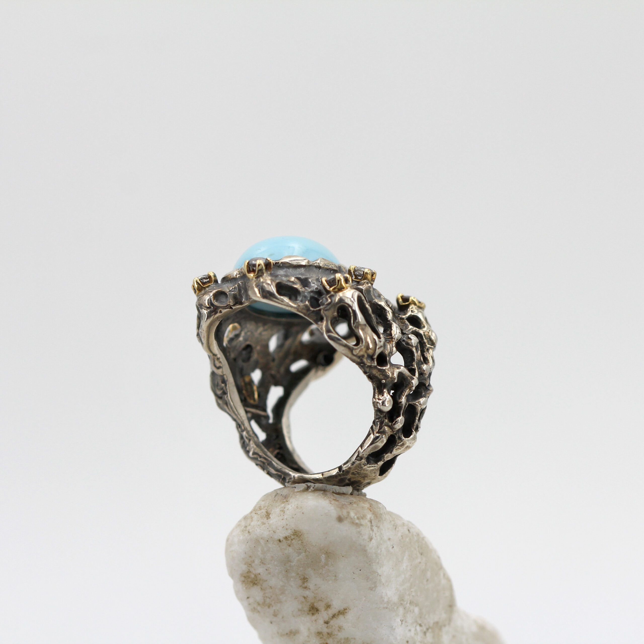 Anna Gioielli Marte Anello Argento Turchese Diamanti Grigi 0.25 ct