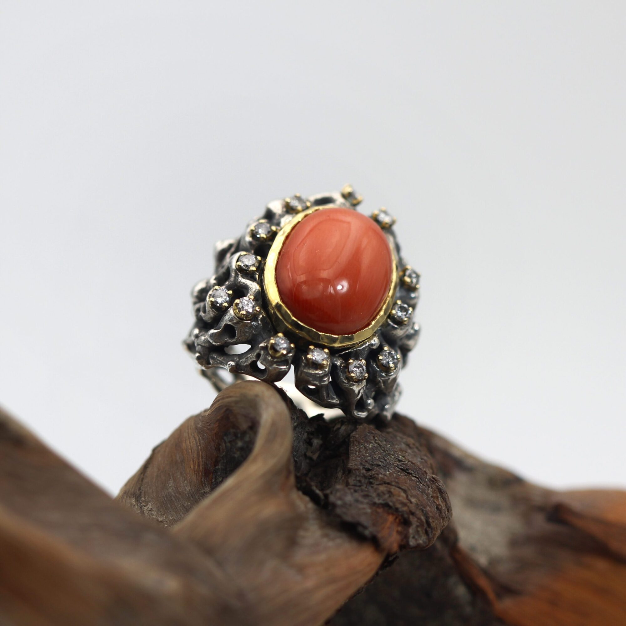 Anna Gioielli Marte Anello Argento Corallo Diamanti Grigi