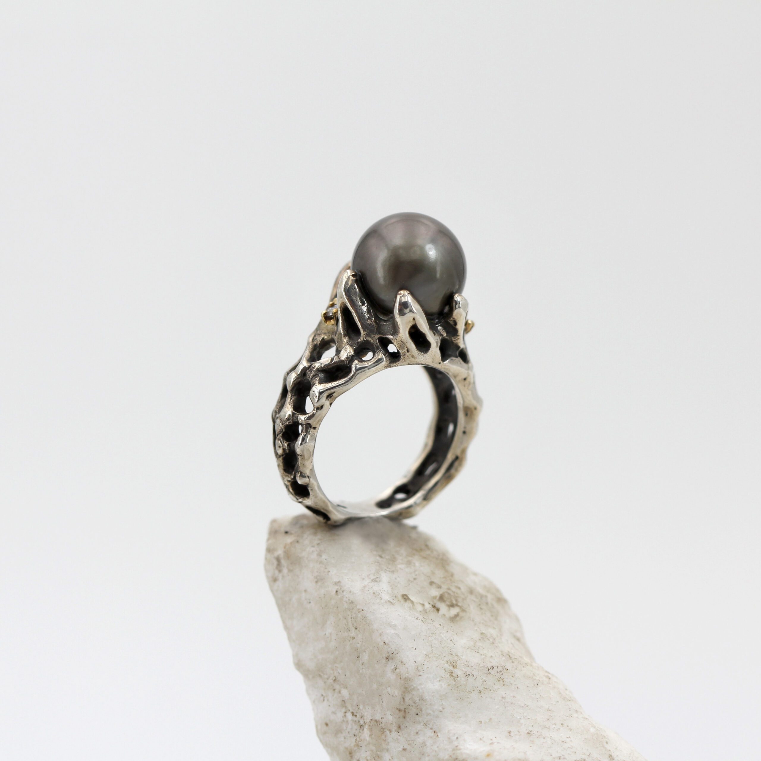 Jolly Jewels anello argento oro perla Tahiti 11 mm diamanti