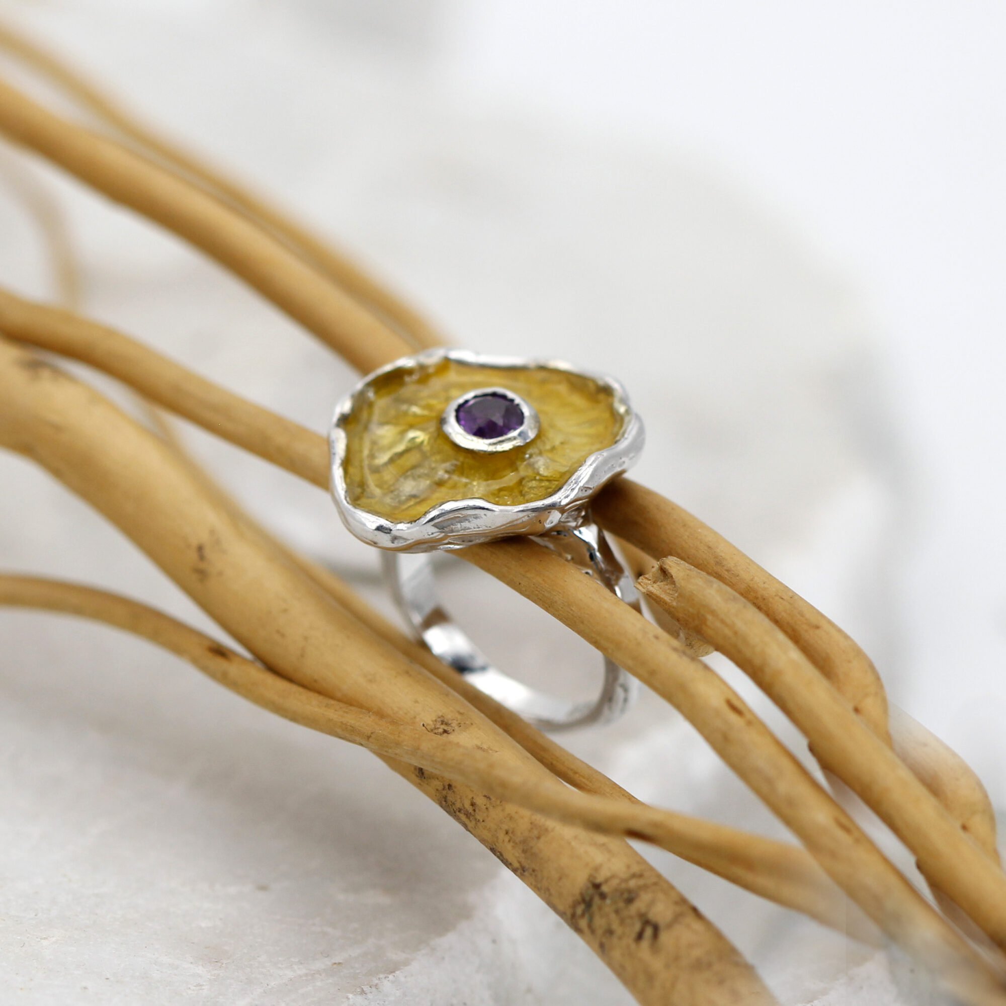 Anna Gioielli Winter Flower anello argento ametista smalto giallo 16mm