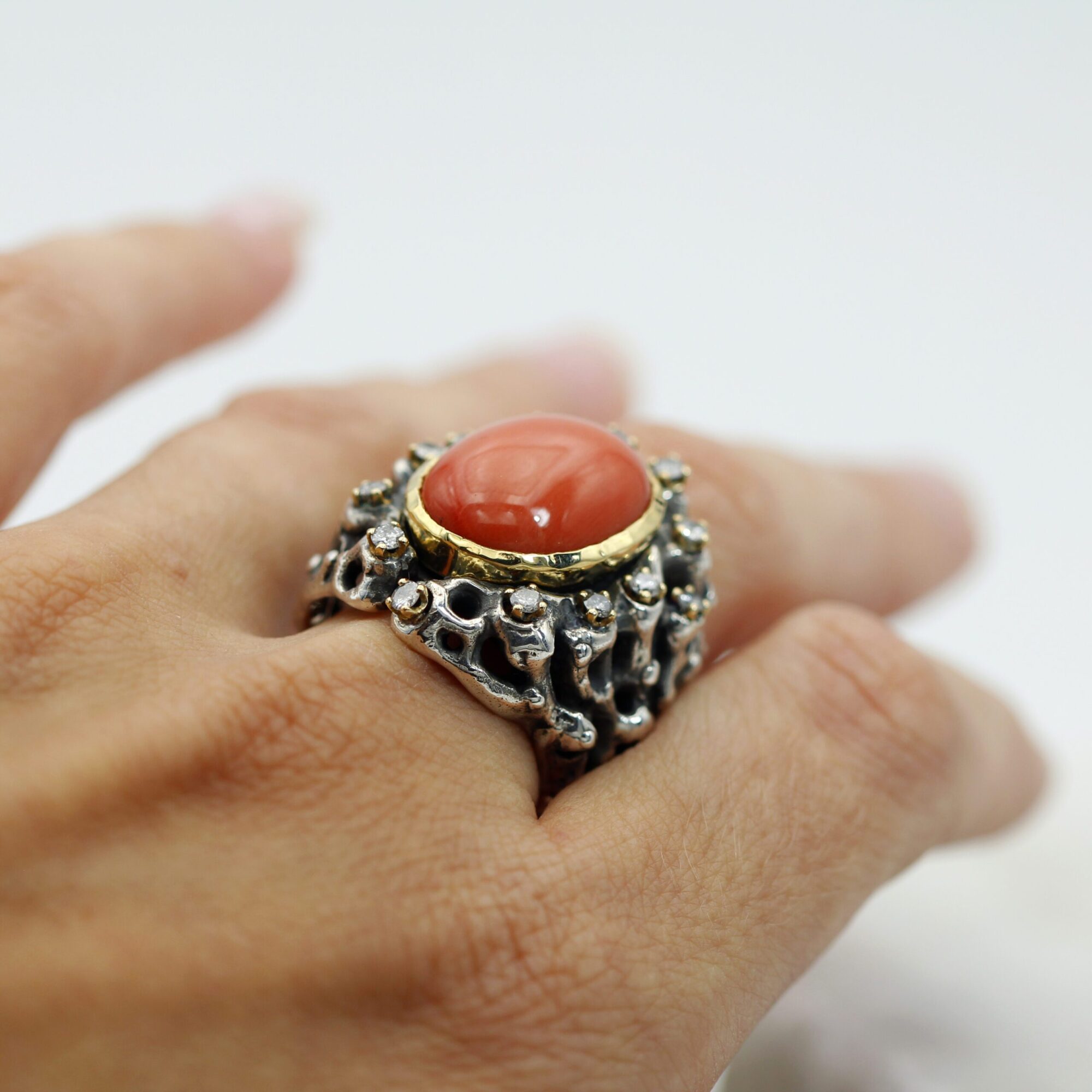 Anna Gioielli Marte Anello Argento Corallo Diamanti Grigi
