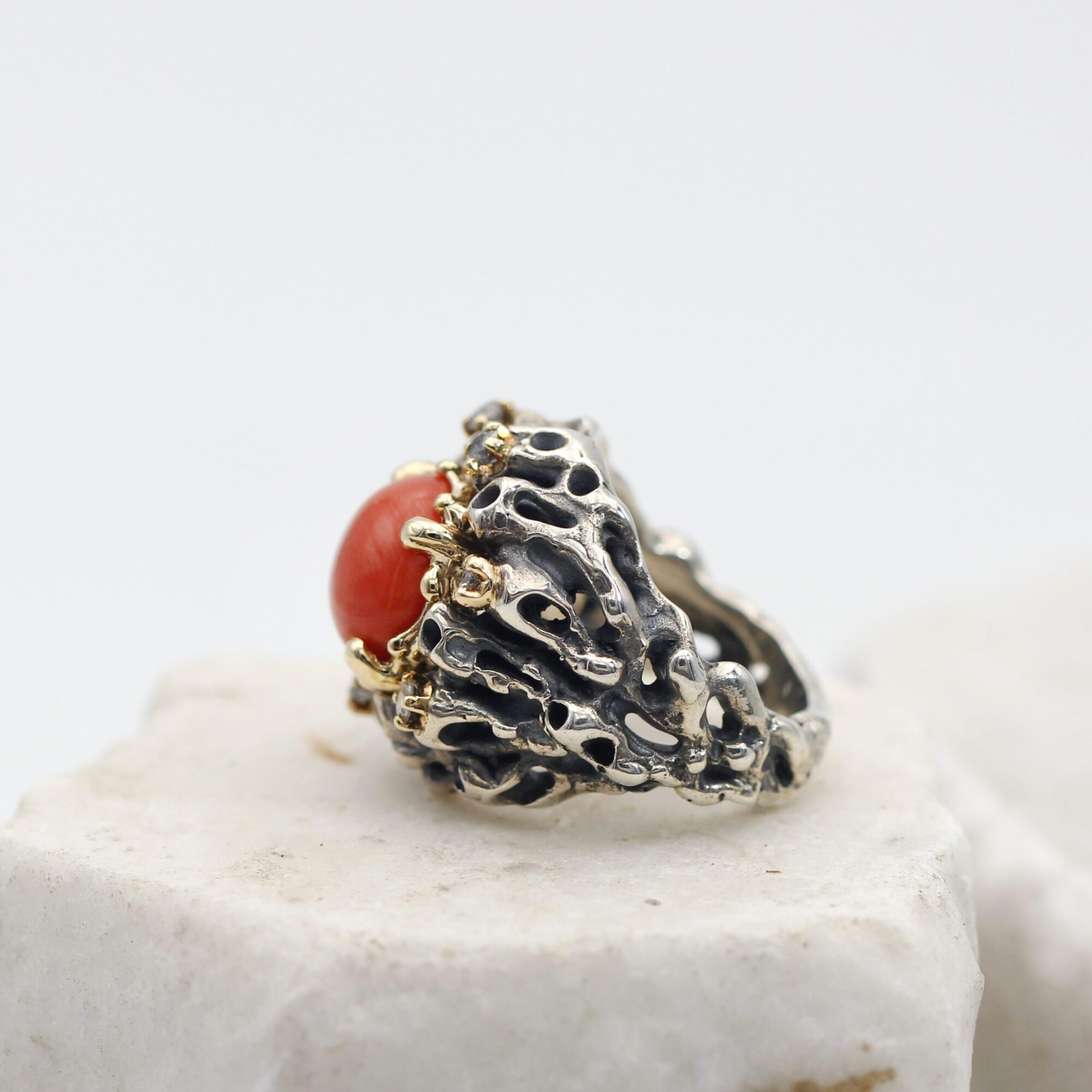 Anna Gioielli Marte Anello Argento Corallo Diamanti Grigi Oro