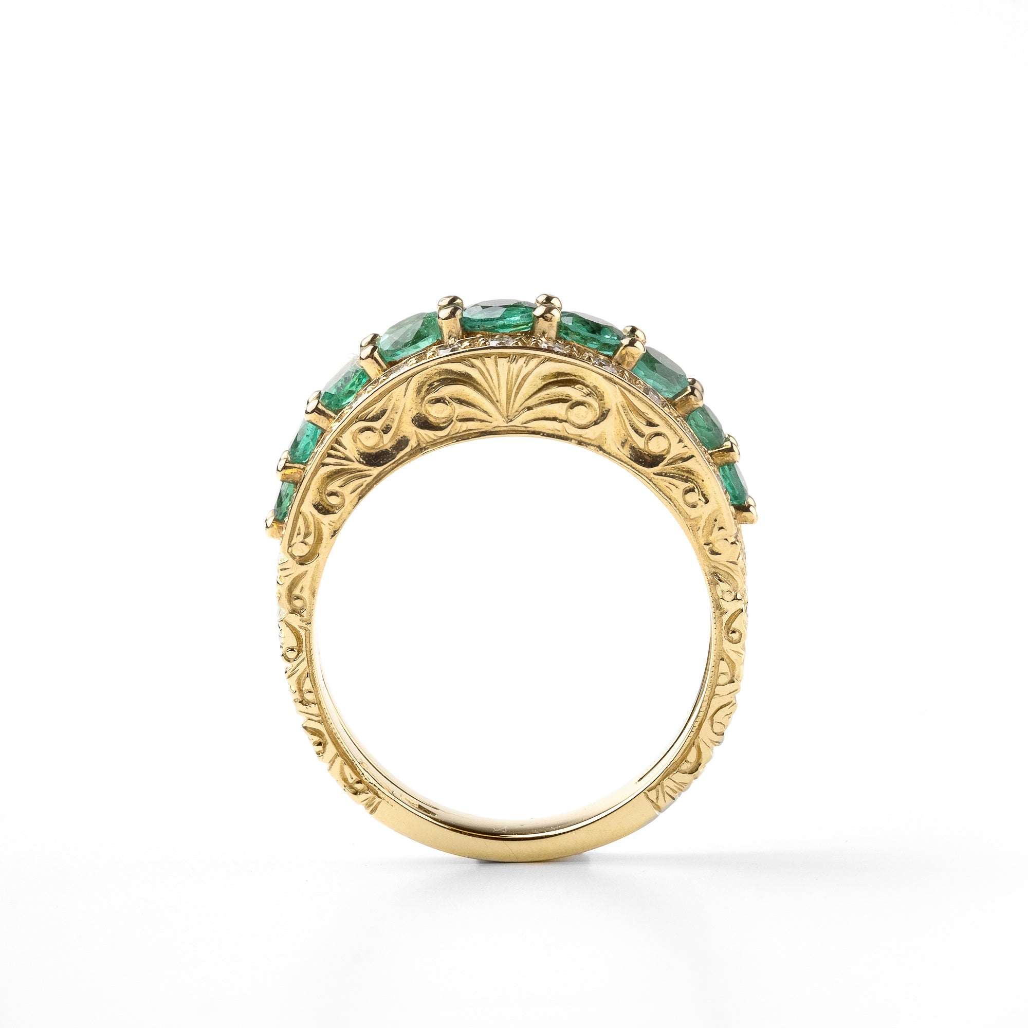 Noi Gioielli Ornato anello oro giallo 18k smeraldo diamanti