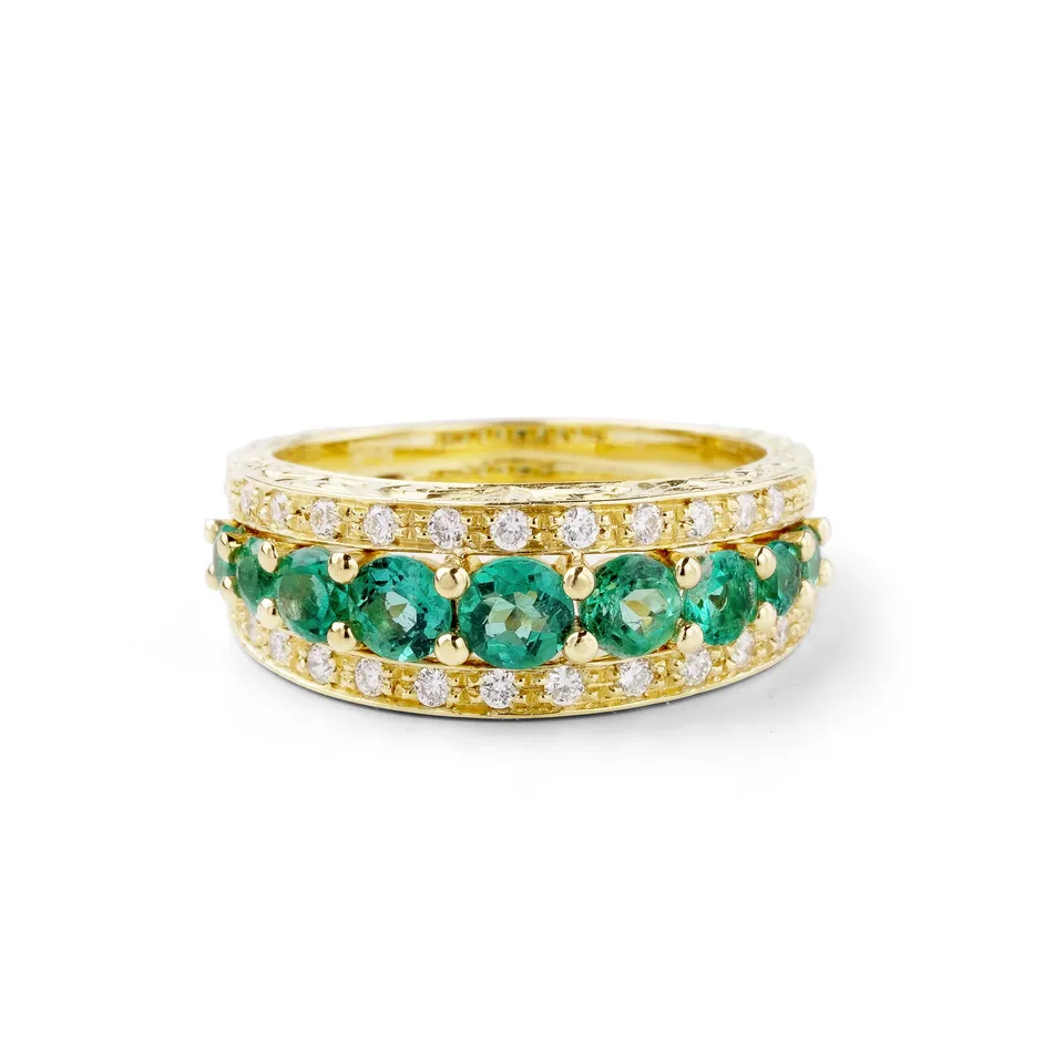 Noi Gioielli Ornato anello oro giallo 18k smeraldo diamanti