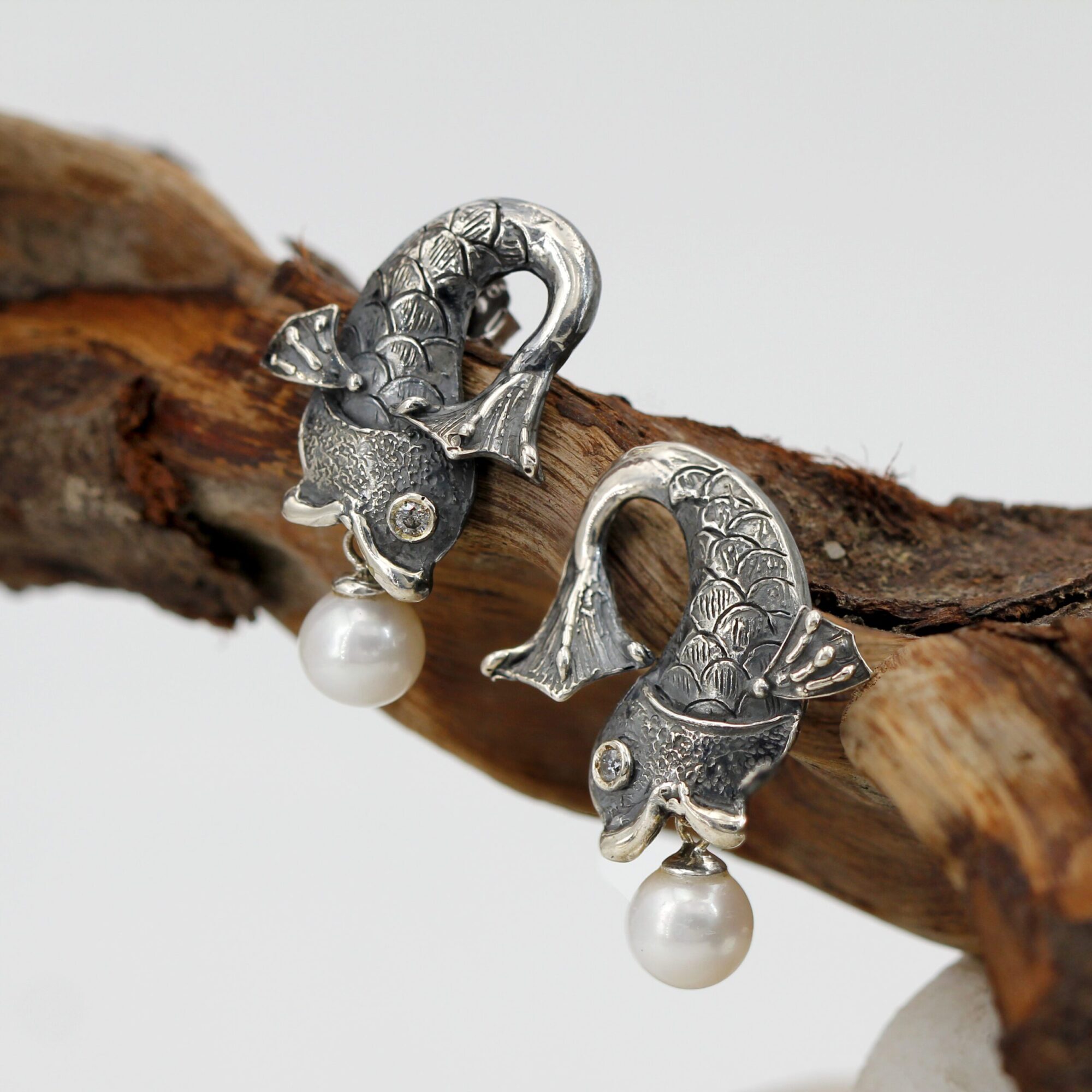 Anna Gioielli Orecchini Pesce Argento Perle Diamanti Grigi 35 mm