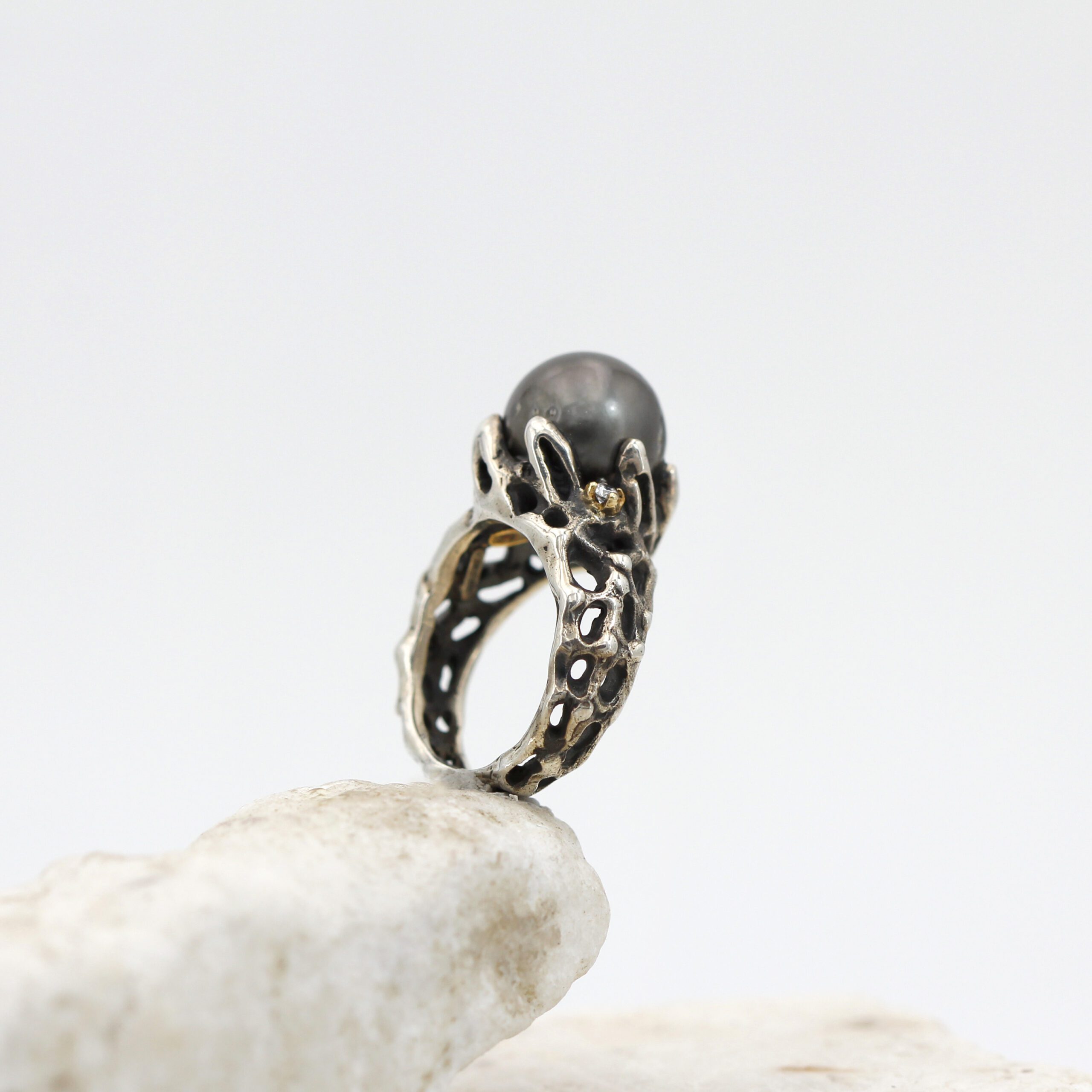 Jolly Jewels anello argento oro perla Tahiti 11 mm diamanti