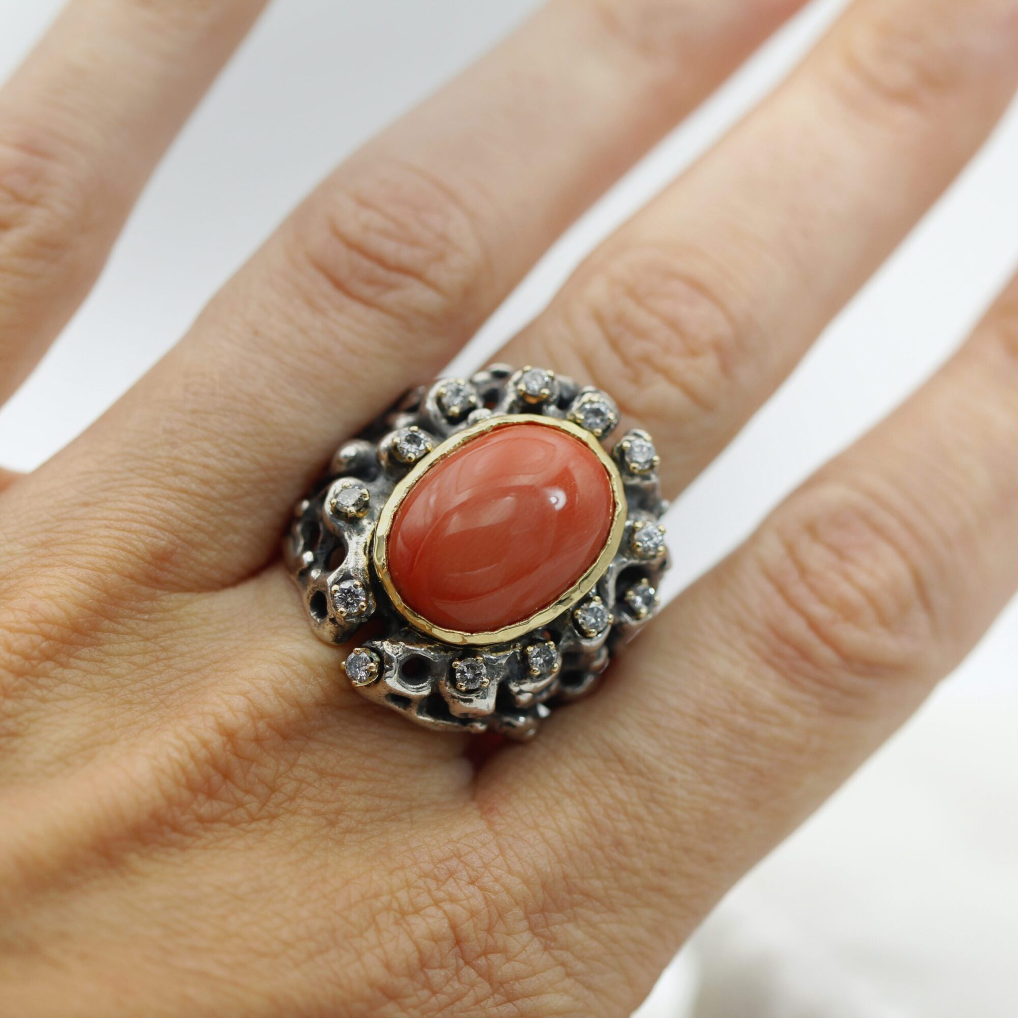 Anna Gioielli Marte Anello Argento Corallo Diamanti Grigi