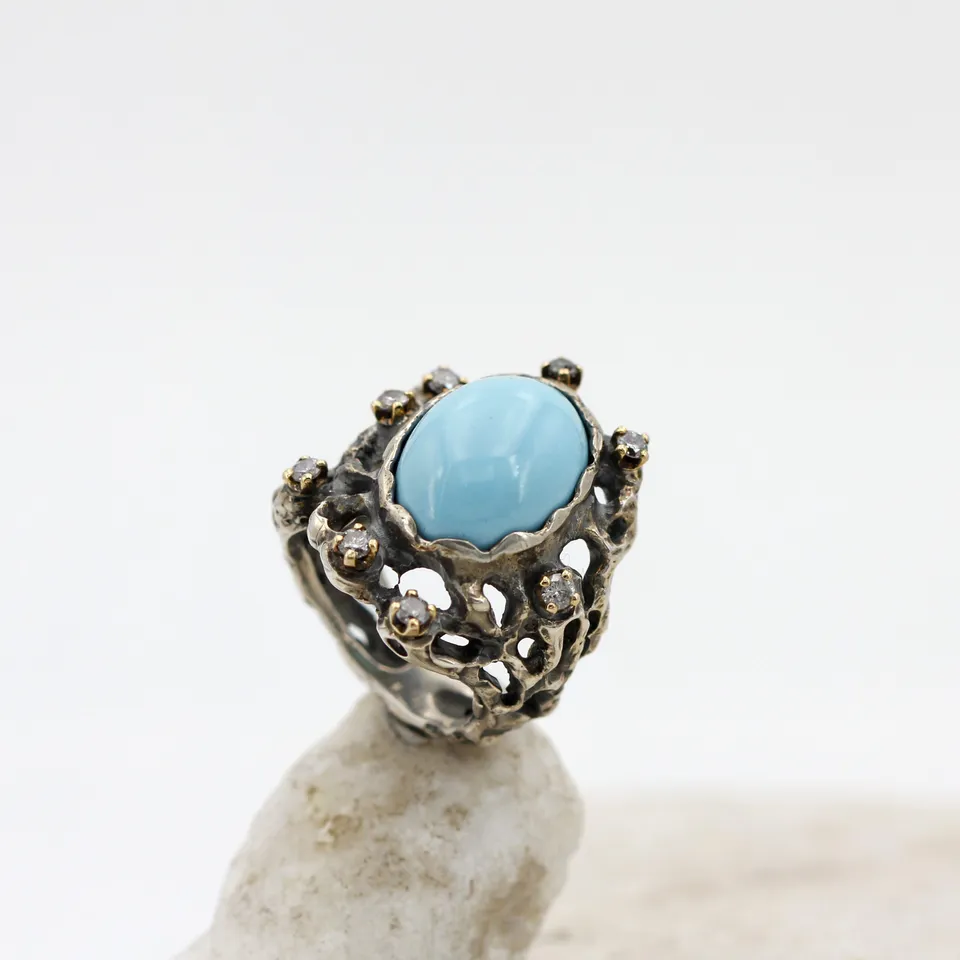 Anna Gioielli Marte Anello Argento Turchese Diamanti Grigi 0.25 ct