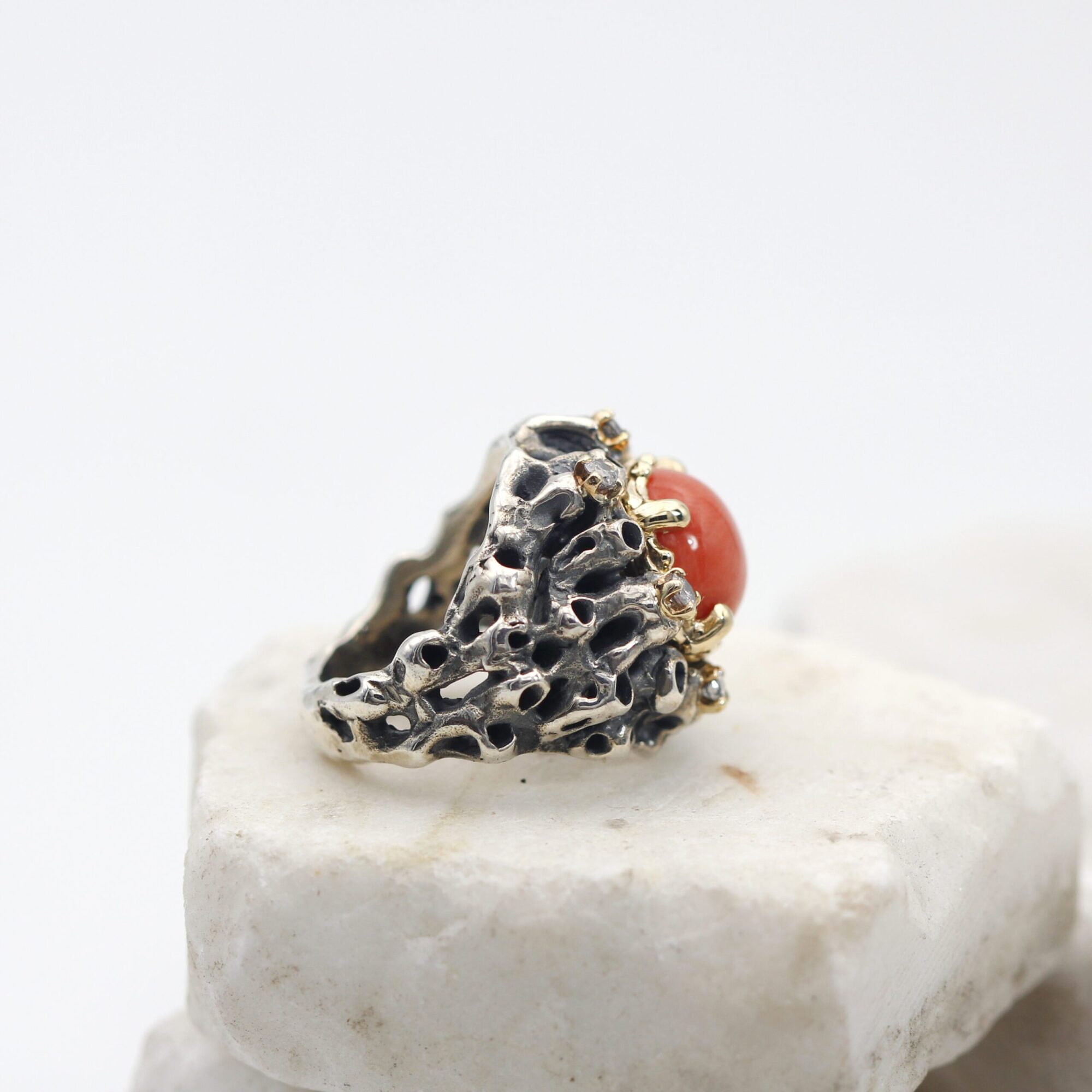 Anna Gioielli Marte Anello Argento Corallo Diamanti Grigi Oro