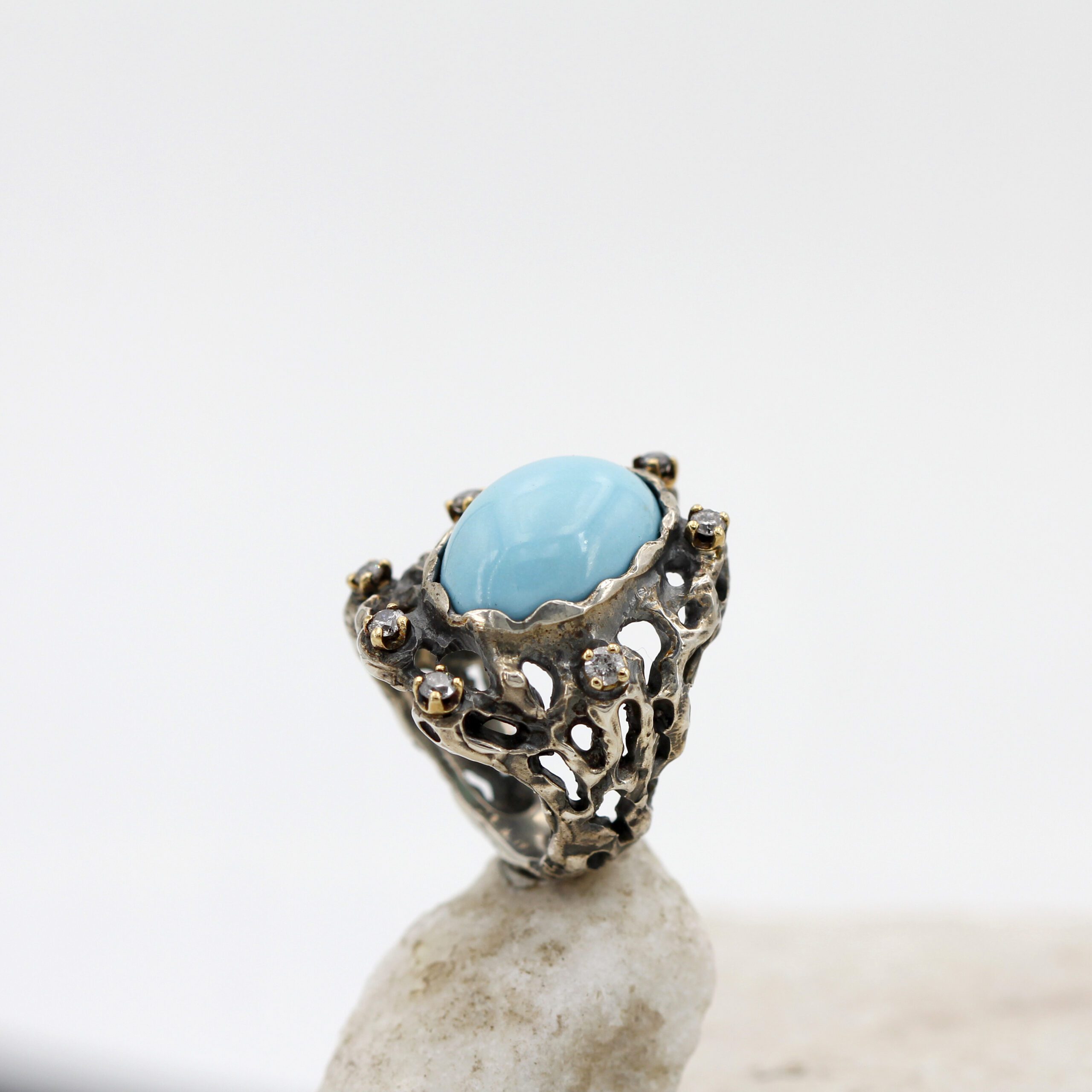 Anna Gioielli Marte Anello Argento Turchese Diamanti Grigi 0.25 ct